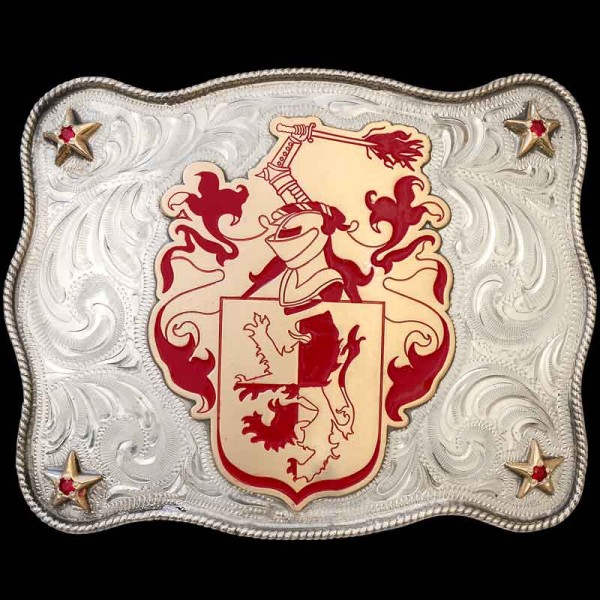 "Embrace your creativity! Our Knightsville Belt Buckle is crafted from a German Silver base, featuring hand-engraved scrollwork, our traditional rope edge, and Jeweler's Bronze stars in each corner accented with cubic zirconia stones in your choice o